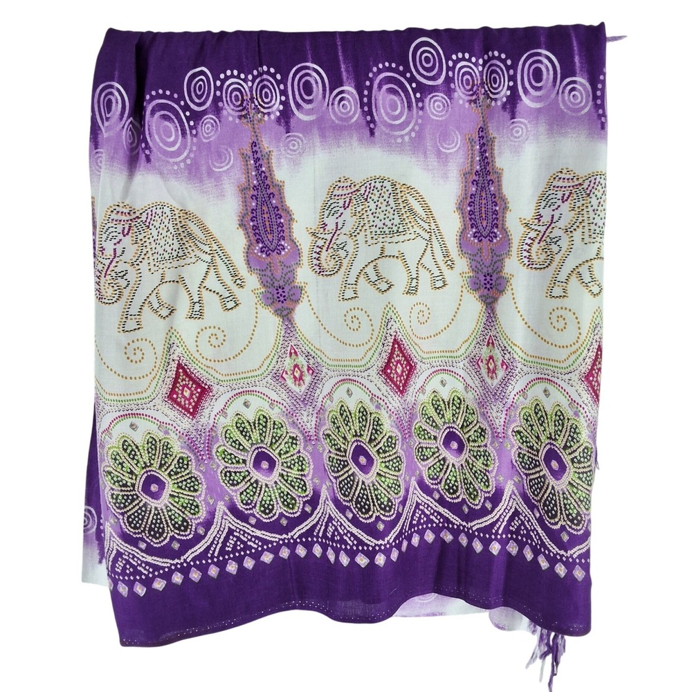 Purple Elephant Print Sarong Wrap Bohemian Beach Cover Up with Fringe Border
